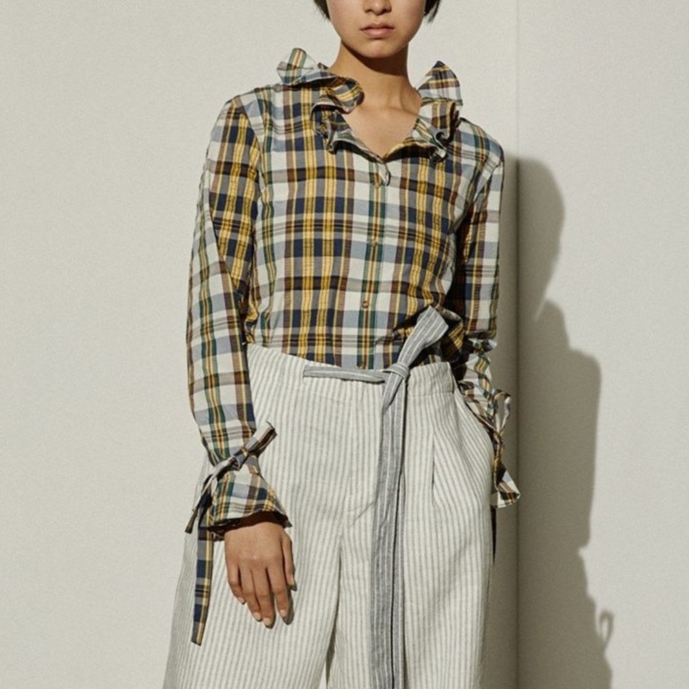J.W. Anderson Seersucker Ruffle Plaid Blouse